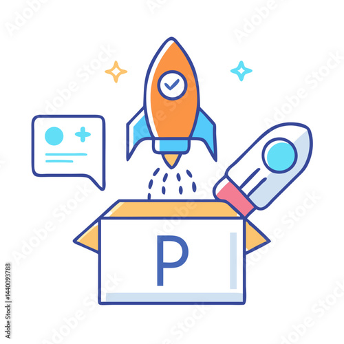 Product Launch Illustration: Rocket, Box, and Communication Icons on Black Background