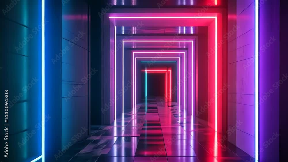 Neon light tunnel abstract rectangular shapes in pink and blue with reflective floor creating a futuristic perspective