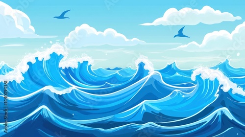 A vibrant illustration of a calm sea with birds and clouds.