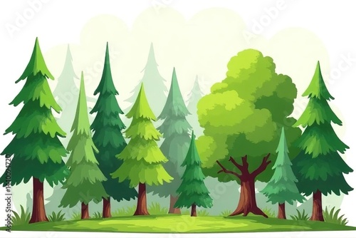 Cartoon trees. Different types of forest plants. Coniferous and deciduous. Summer pine.