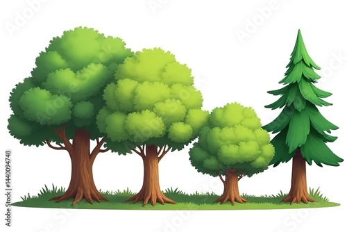 Cartoon trees. Different types of forest plants. Coniferous and deciduous. Summer pine.