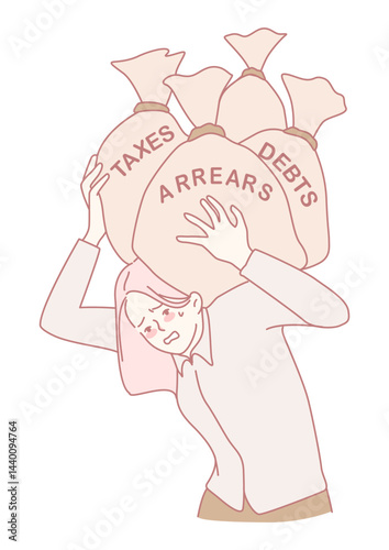 An illustration showing a person grappling with the heavy burdens of taxes, arrears, and overwhelming debts