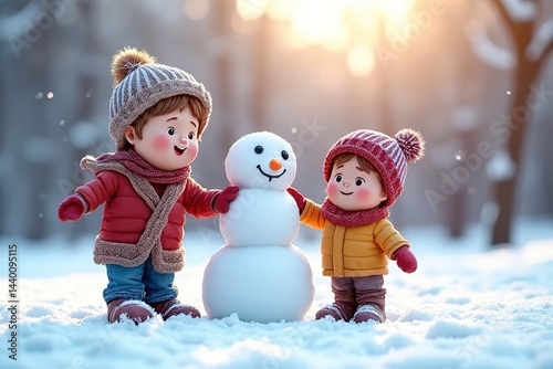 Happy family people build snowman in winter snow scenery vector illustration