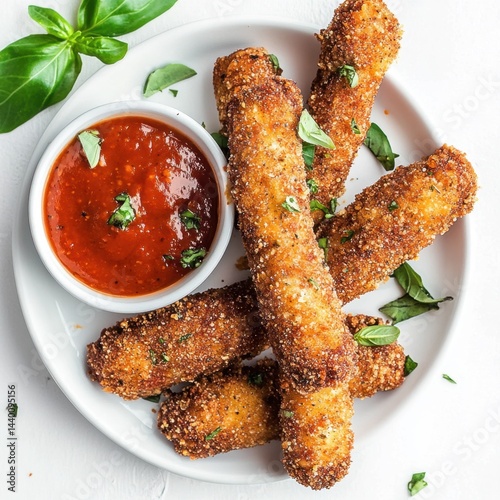 Crispy golden fried cheese sticks served with tomato marinara dipping sauce on white background