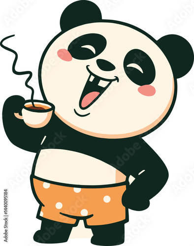  sleepy panda in pajamas yawning with a tiny coffee cup