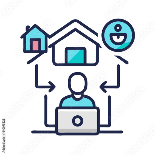 Remote Work Icon: Home, Office, and Individual Connection with Technology