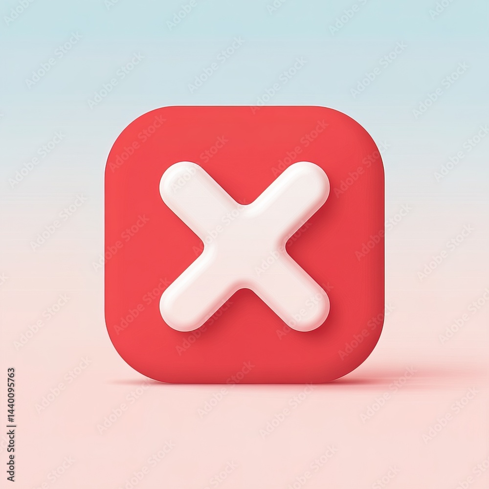 Obraz premium 3D White Cross Inside Rounded Red Square Button with Shadow on Gradient Background