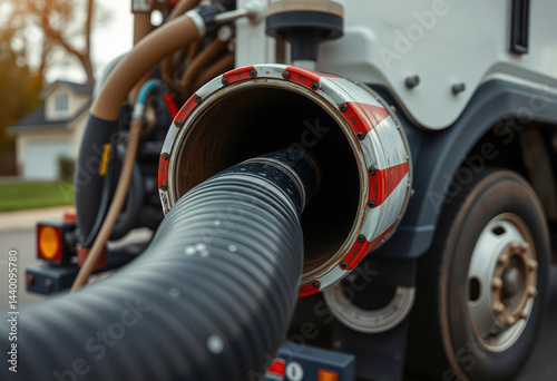 Close up view of a pipe hose from a sewage truck functioning to empty a home sewage tank during a septic cleaning service in a neighborhood.