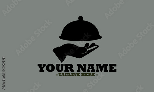 Elegant hand presenting a covered dish on a platter in a classic serving style. Food service concept, dish plate with cloche and invisible food sketch engraving vector illustration and logo icon