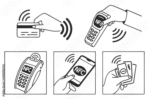 Contactless payment methods outline illustrations featuring credit card phone and pos terminals