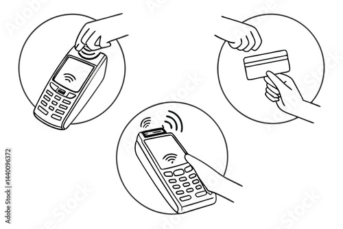Contactless payment methods using credit card and nfc wireless technology line art