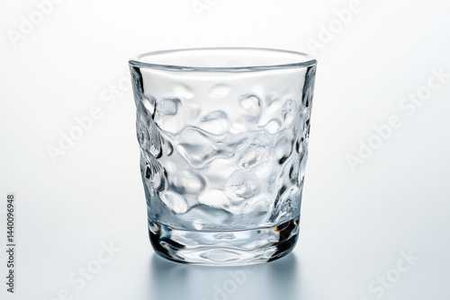Empty clear drinking glass with unique textured surface on bright white gradient background
 photo