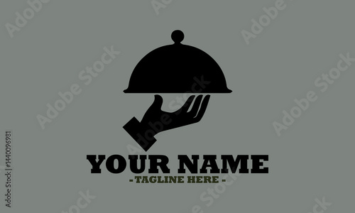 Elegant hand presenting a covered dish on a platter in a classic serving style. Food service concept, dish plate with cloche and invisible food sketch engraving vector illustration and logo icon