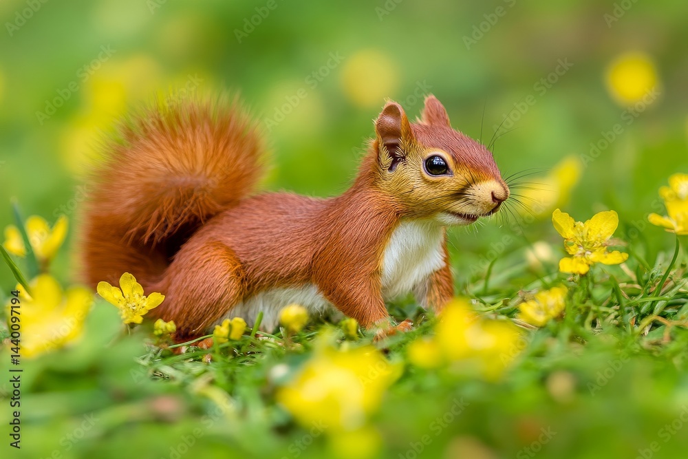 Obraz premium A red squirrel sits amid vibrant yellow flowers in lush green grass.