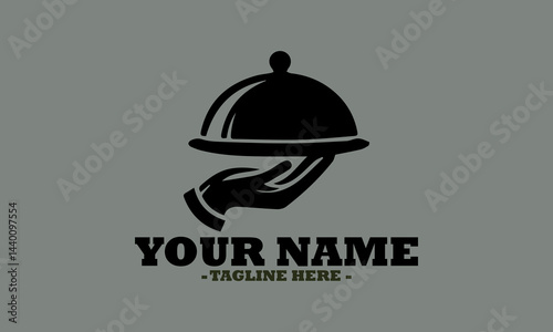 Elegant hand presenting a covered dish on a platter in a classic serving style. Food service concept, dish plate with cloche and invisible food sketch engraving vector illustration and logo icon