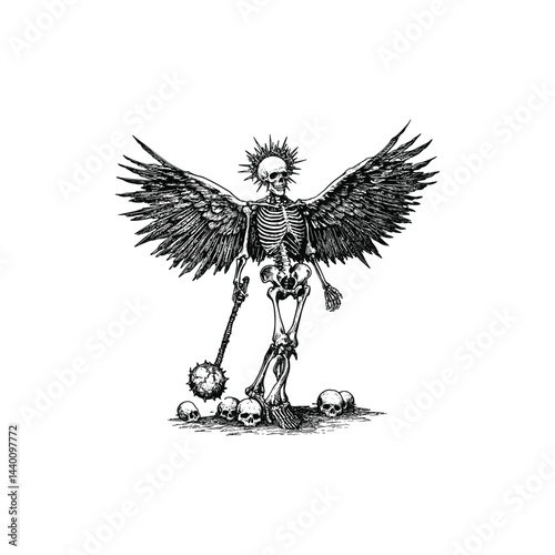 Winged skeleton stands in a powerful design vector template illustration