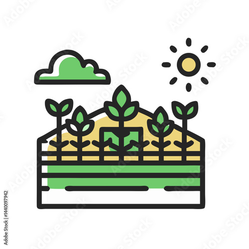 Greenhouse Icon with Plants, Cloud, and Sun: Gardening and Agriculture