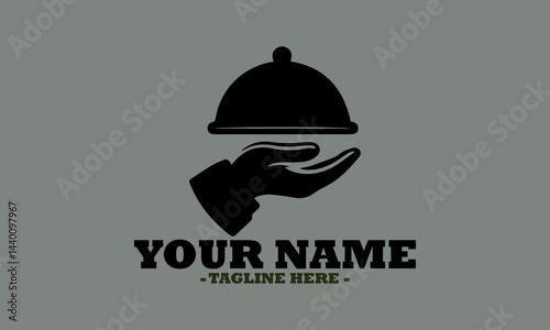 Elegant hand presenting a covered dish on a platter in a classic serving style. Food service concept, dish plate with cloche and invisible food sketch engraving vector illustration and logo icon