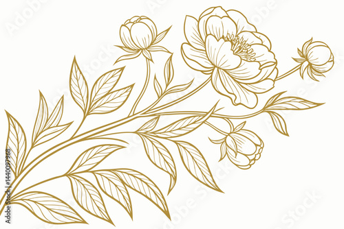 Elegant gold peony flower branch illustration decorative floral design element vector