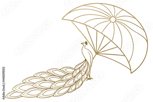 Elegant golden peacock with decorative umbrella outline art style illustration