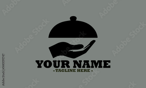 Elegant hand presenting a covered dish on a platter in a classic serving style. Food service concept, dish plate with cloche and invisible food sketch engraving vector illustration and logo icon