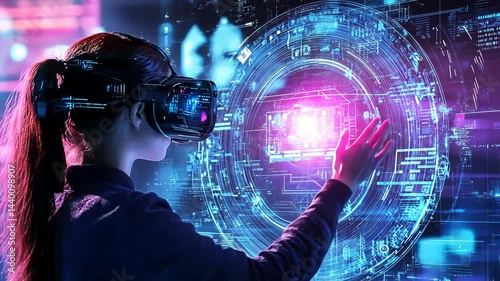 Person exploring virtual reality digital interface with headset