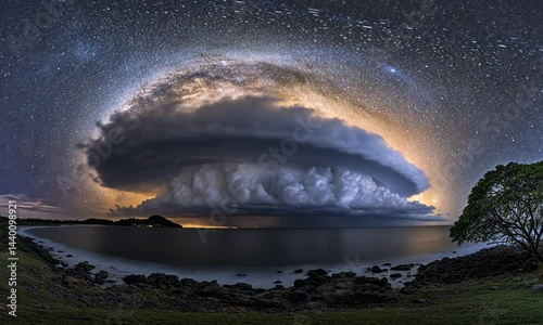Timelapse of the Milky Way galaxy arching over starry sky with dramatic fast moving clouds made with Generative AI technology