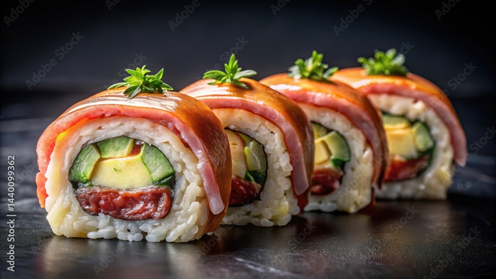 Artistic sushi roll with melted cheese and prosciutto on black background Artistic sushi roll with melted cheese and prosciutto on black background
