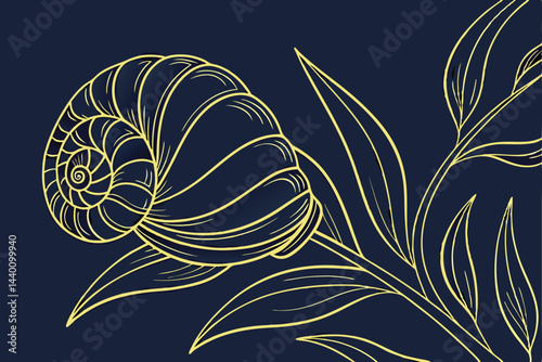 Golden outline snail shell and foliage illustration on dark blue background