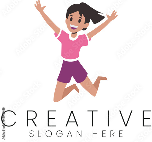 Happy Girl Jumping Joyful Fun Child Pink Purple Vector Illustration kid cute leap logo icon flat    