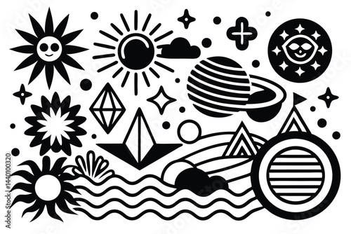 Graphic black and white illustration featuring celestial bodies and geometric shapes