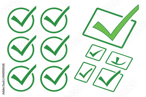 Green check mark icons set vector illustration for approval confirmation acceptance