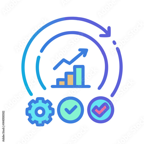 Continuous Improvement Cycle with Growth, Gear, and Checkmarks Icon Illustration