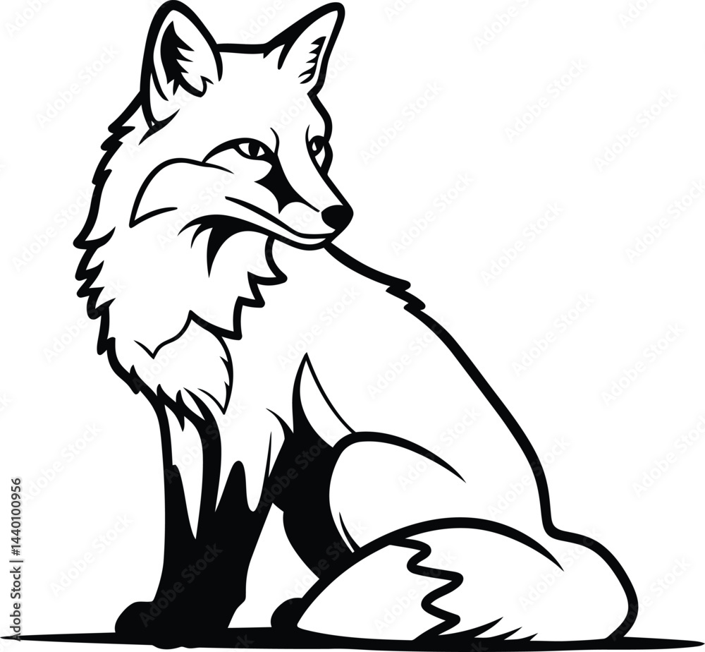 Obraz premium Sitting Fox, Black and White Vector Illustration