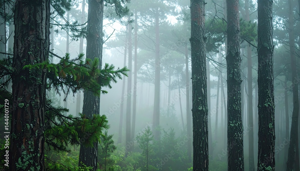 Fototapeta premium Dense mist wrapping around dense pine trunks, soft dripping of water from needles echoing through the silent woodland