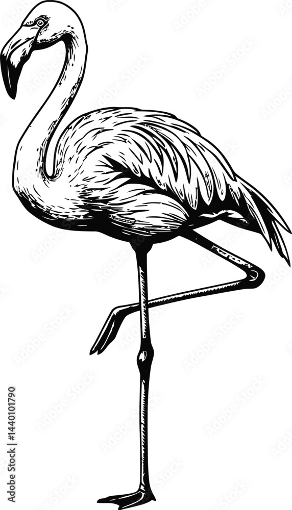 Obraz premium One-Legged Flamingo, Black and White Vector Illustration