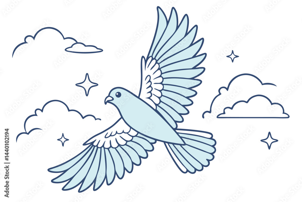 Obraz premium Light blue dove flying among clouds and stars simple line art illustration