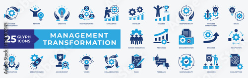 Management Transformation icon set with change management, creative, challenge, develop, success, process improvement, ideas, human resources, achievement, collaboration and coaching