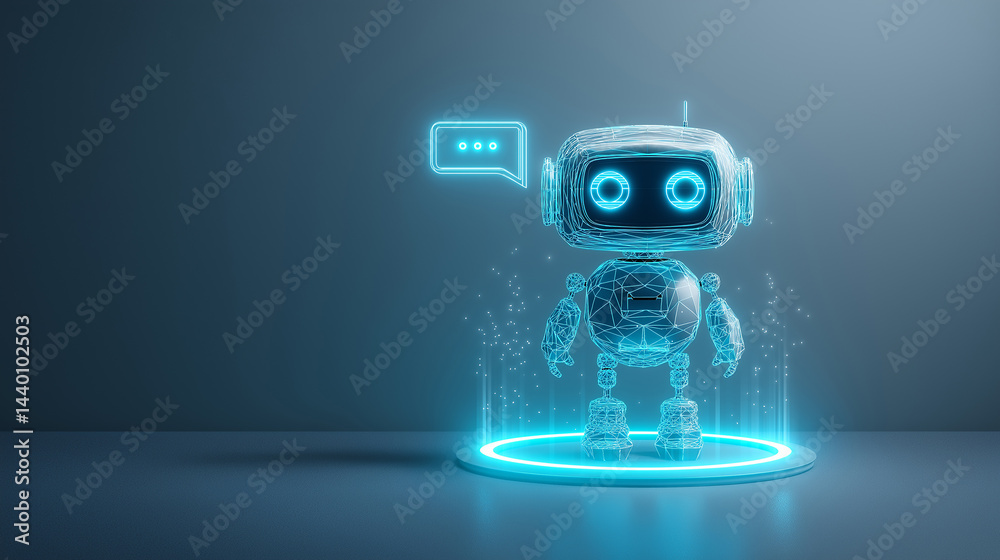 Naklejka premium Futuristic 3D AI Chatbot Robot With Speech Bubble For Website Customer Support And Virtual Assistance Services
