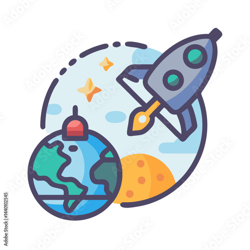 Space Exploration: Rocket Launching from Earth to Moon and Stars Illustration