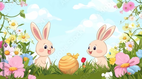 Two bunnies sit on grass with an egg surrounded by flowers on a spring day.
