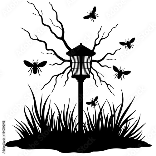 Silhouette of bug zapper with lightning, battling summer insects