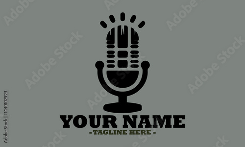 Vintage-style microphone emitting sound waves in a bold, monochromatic design. Audio recording concept and suitable for podcasts, microphone silhouette vector illustration, microphone logo icon