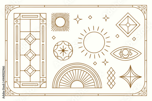 Minimalist golden geometric shapes collection sun stars eye rainbow ornamental frame design