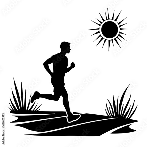 Dynamic runner silhouette on track with sun, summer sports passion