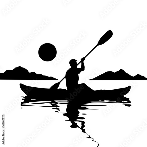 Paddling silhouette on serene lake at sunset, summer adventure