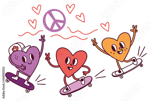 Heart characters skateboarding with peace sign valentines day celebration positive vibes