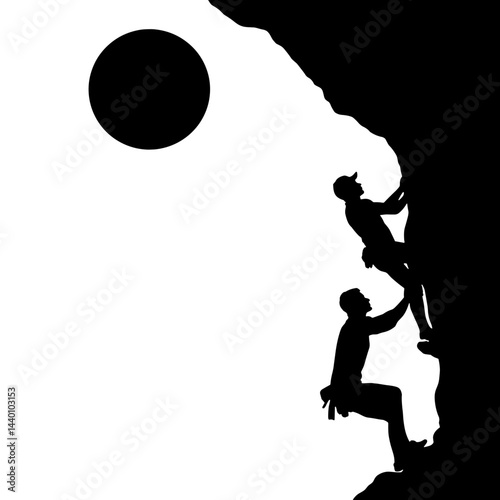Silhouettes of climbers ascending rock wall under bright sun, summer adventure