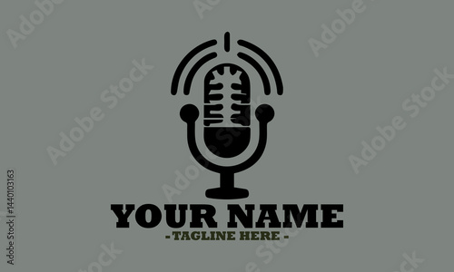 Vintage-style microphone emitting sound waves in a bold, monochromatic design. Audio recording concept and suitable for podcasts, microphone silhouette vector illustration, microphone logo icon