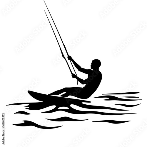 Silhouette of person kite surfing on ocean waves, summer adventure